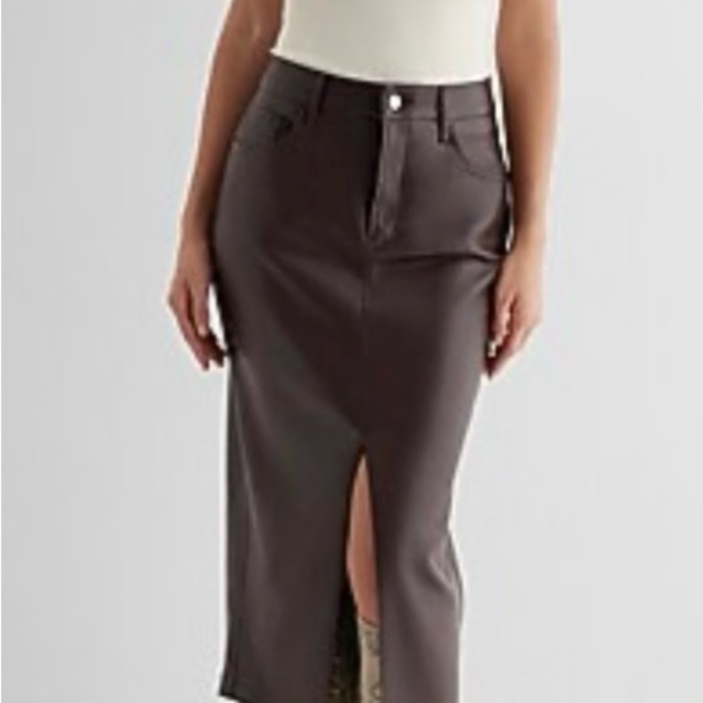 High Waisted Faux Leather Front Slit MIDI Skirt in Dark Chocolate Brown
